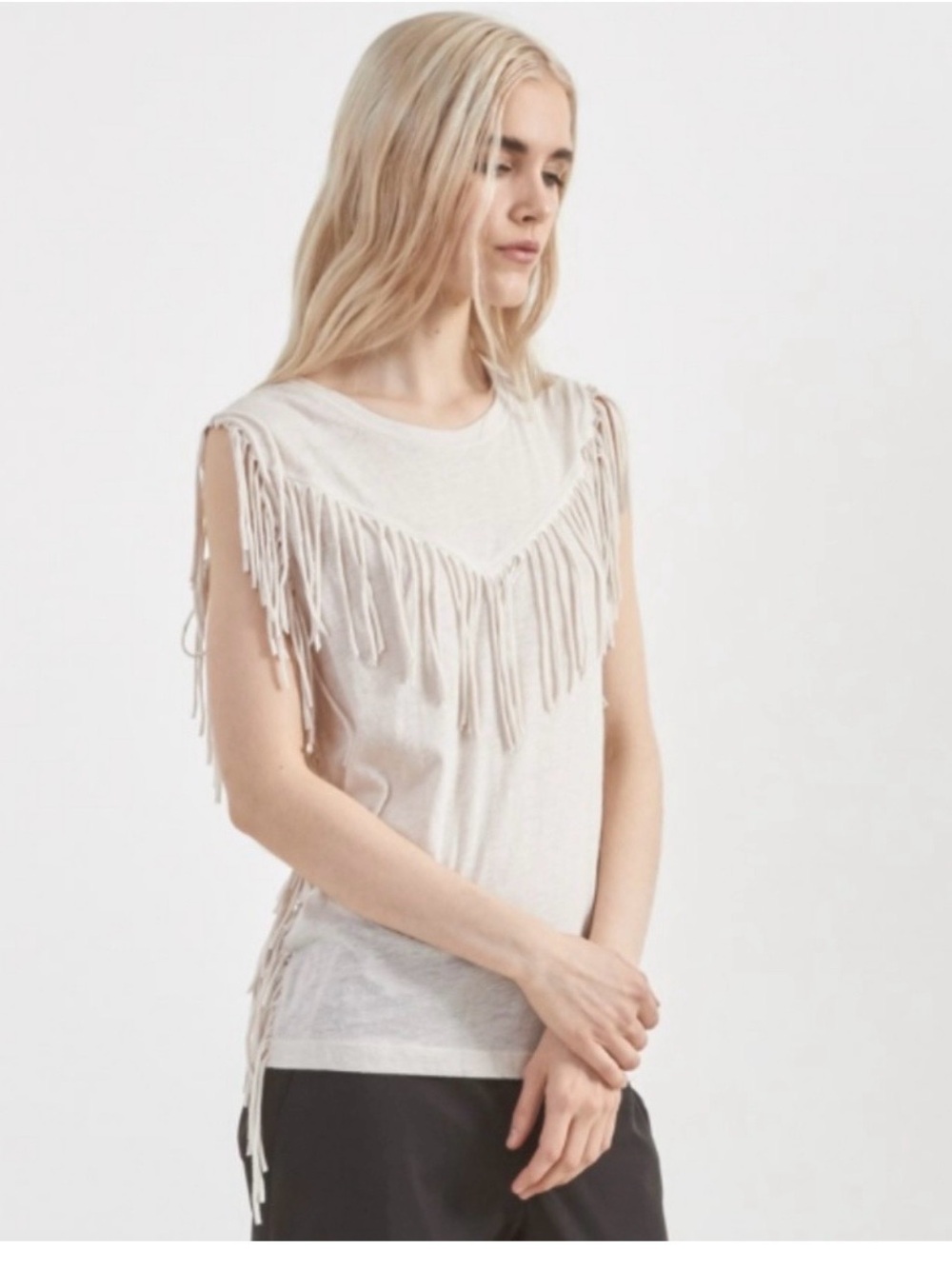 IRO JEANS Gise Sleeveless Fringed Ecru Nubby knit T shirt